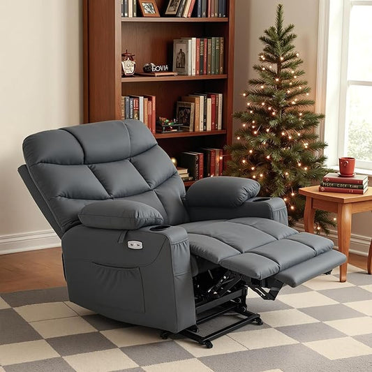 MCombo Oversized Power Lift Recliner Chair with Extended Footrest for Elderly People, Faux Leather R7289 (Dark Grey, Oversize)