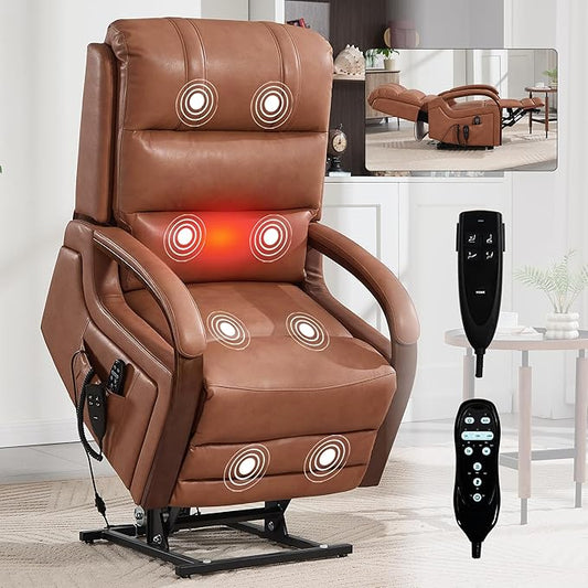 Dual Motor Recliner Lift Chair with Heat and Massage, Heavy Duty Leather Power Lift Recliner Chair Idea Gifts for Seniors, Stand Assistance, Orange