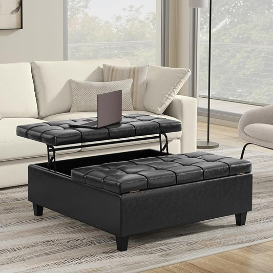 SIMPLIHOME Harrison Large Coffee Table Storage Ottoman - 40 inch Wide Upholstered Vegan Leather Square Lift-Top Ottoman in Distressed Black, Transitional Bench for Living Room with Sturdy Base