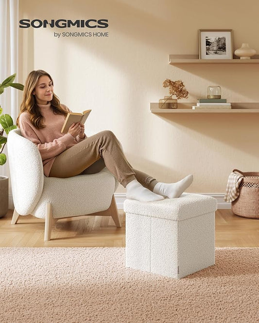 SONGMICS Small Folding Storage Ottoman, Foot Rest Stool, 15 x 15 x 15 Inches, Ottoman with Storage, Load up to 660 lb, for Living Room, Bedroom, Dorm, Cream White ULSF095W01