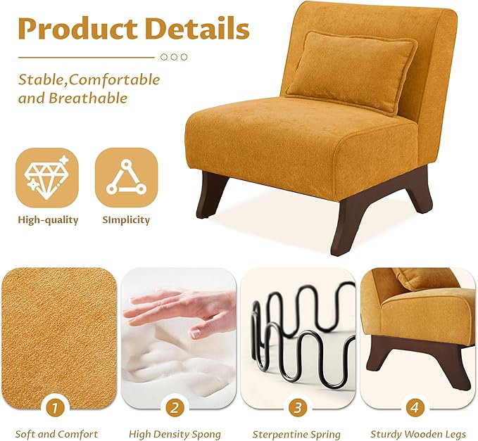 Set of 2 Upholstered Armless Accent Chair,Modern Comfy Living Room Chairs with Wooden Legs& Pillows,Lounge Sofa Side Chair for Bedroom Farmhouse Reading (Yellow, 2 PCS)