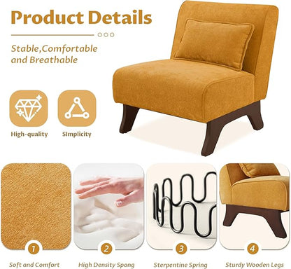 Upholstered Armless Accent Chair,Modern Comfy Living Room Chairs with Wooden Legs& Pillows,Lounge Sofa Side Chair for Bedroom Farmhouse Reading (Yellow, 1 PC)