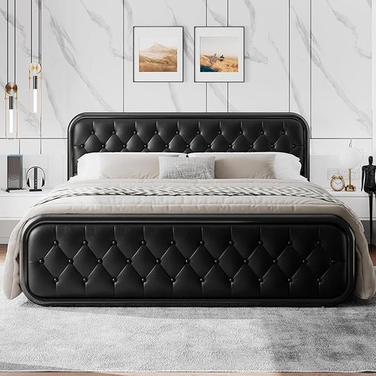 King Size Bed Frame, Upholstered Bed with Button Tufted Leather Headboard and Footboard, Metal U-Shape Support Foundation, No Box Spring Required, Black