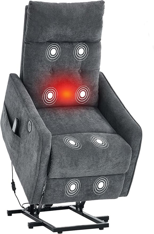 PELUMY Manual Lift Recliner Chair with Massage and Heat for Elderly, Single Motor Electric Lift Chair, Heavy Duty Recliner with USB Charging & Side Pockets (Chenille, Grey)