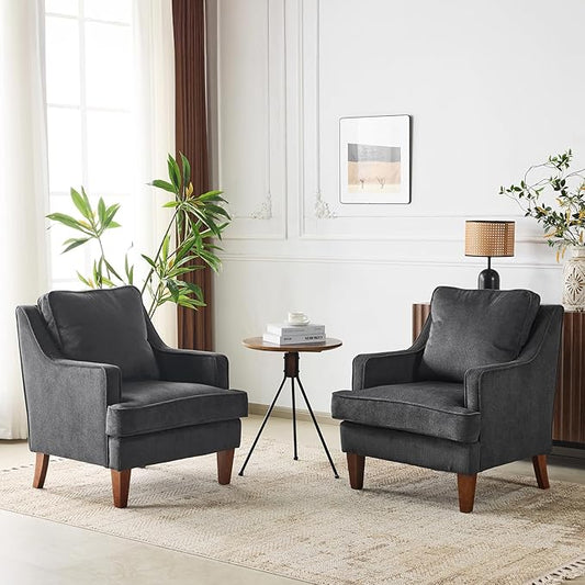 VINGLI Mid-Century Modern Accent Chairs Set of 2, Black Upholstered Armchair Comfy Sofa Chairs Reading Chair High Back for Living Room Bedroom Furniture Apartment