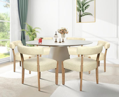Modern Dining Chairs Set of 2, Faux Leather Upholstered Kitchen & Dining Room Chairs, Mid Century Modern Wooden Dining Chairs Oversized Sturdy Rounded Chairs Curved Back, Beige