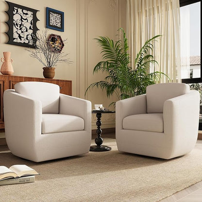 COLAMY 360° Swivel Accent Chair Set of 2 with Pillow, Living Room Armchair No-Sag Foam & Sturdy Metal Base, Fully Assembled Swivel Single Sofa for Bedroom Living Room, Reading Room, Beige