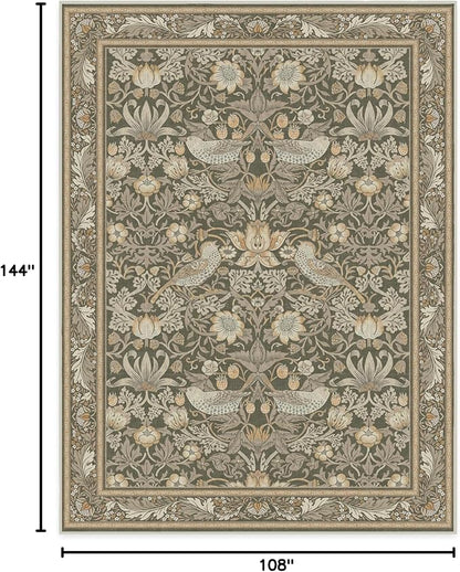 RUGGABLE x Morris & Co Washable Area Rug–Strawberry Thief Stone Gold 9x12, Stain-Resistant, Non-Slip–Large Machine Washable Rugs for Living Room, Bedroom, Hallway, Entryway & Office–with Standard Pad