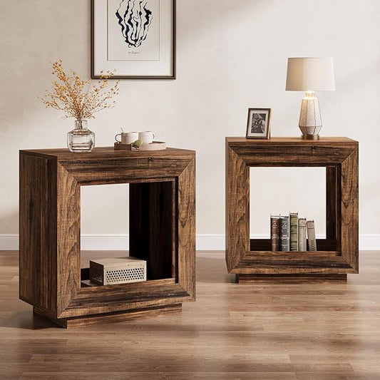 Tribesigns Rustic Brown End Table, 24" Side Table with Storage Shelf, Farmhouse Style Nightstand Bedside Table for Small Spaces, Bedroom, Living Room, Entryway, Easy Assembly (2, Brown)