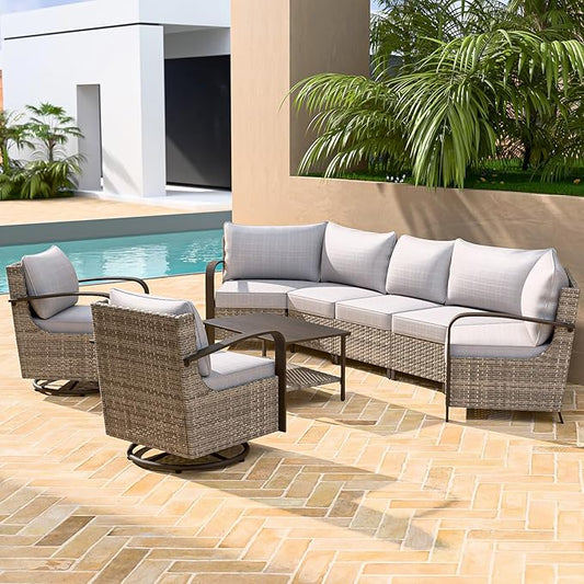 COOS BAY Aurora Terrace Half-Moon Outdoor Furniture Set, Rattan Conversation Set with Swivel Rockers, Curved 5-Seat Sofa, Coffee Table, Seats 7, Beige/Beige