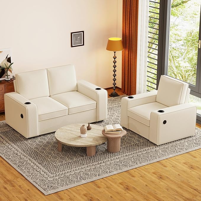 Furnimart 4-Seater Sectional Sofa and Couch Set Teddy Fabric, Loveseat & 2PC Chairs with USB Charger and Cup Holder, Small Living Room Furniture Set for Apartment, Tiny Homes and Lofts, 3PC-Beige