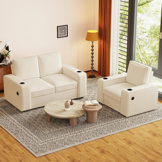 Furnimart 3-Seater Living Room Set Teddy Fabric, 58" Wide Loveseat & Accent Chair with USB Chargers, Cup Holders & High-Density Foam, Modern Sofa & Armchair Set for Apartment, Living Room(2 Colors)