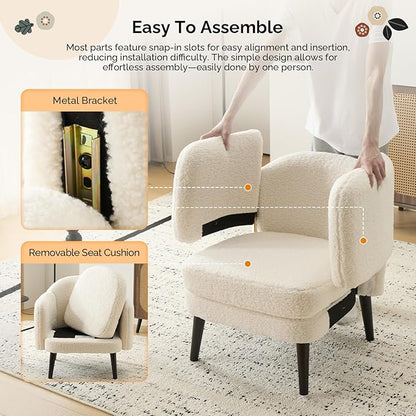 VINGLI 30.3" Wide Modern Barrel Accent Armchair with Track Armrest, Solid Wooden Legs, Comfy Upholstered Club Chair, Round Single Home Sofa for Living Room, Bedroom, Reading Room, Teddy Fleece White