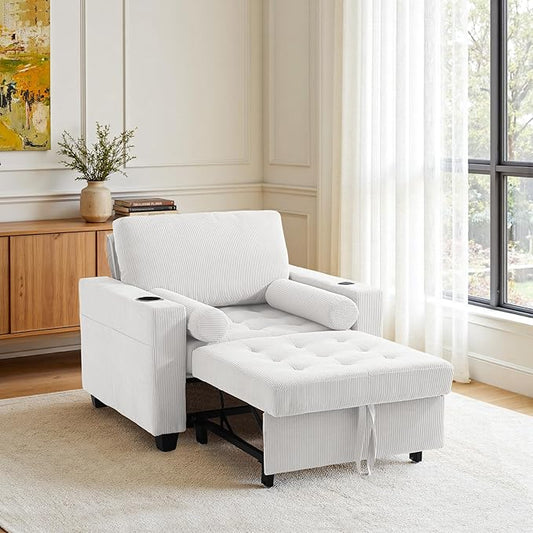 Convertible Sleeper Chair Bed, Comfy Corduroy Single Futon Sofa Chair with Pull Out Bed, 3-Levels Adjustable Backrest Accent Chair with Side Pockets, Cup Holder & USB Ports for Living Room, Bedroom