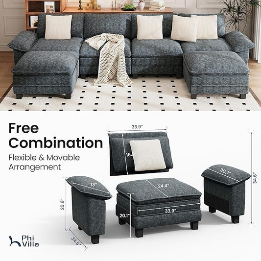 PHI VILLA Cloud Modular Couch Sets, 157.5" Sectional Sofa with U-Shaped Chaise, 6-Seater Couches with Movable Ottomans for Living Room, Chenille Fabric, Dark Cyan