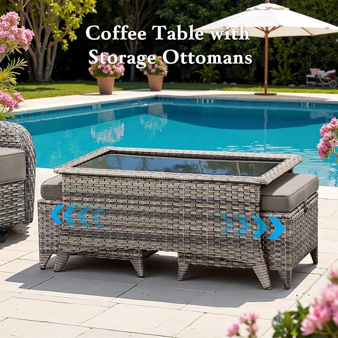 Belord Luxury 6" Thick Cushioned 11 Pieces Patio Furniture Set with Outdoor Couch, Wicker Outdoor Conversation Set with High Back Swivel Rocker Chairs for Deck Porch Yard and Poolside - Grey+Grey