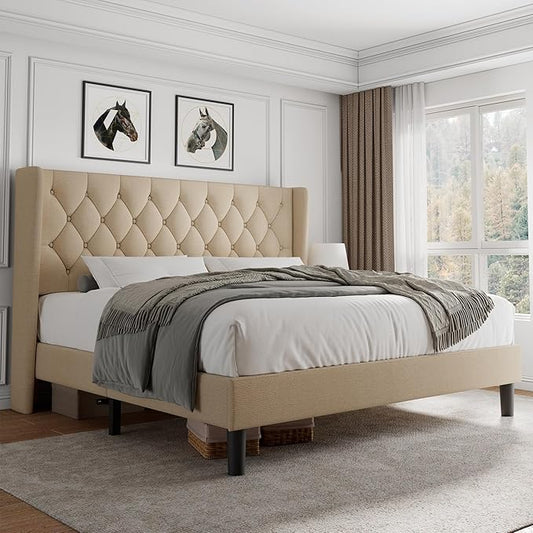 iPormis King Size Platform Bed Frame with Button Tufted Headboard, Upholstered Bed Frame with Solid Wooden Slats, 8" Underbed Space, No Box Spring Needed, Noise Free, Easy Assembly, Beige