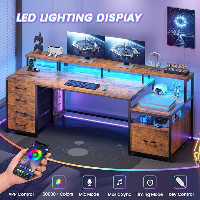 SEDETA Home Office Desk with File Drawer & Power Outlet, 75'' Large Computer Desk with 5 Drawer, Storage Shelves, Monitor Shelf and Led Lights, 23.6" W Desktop Gaming Desk, Rustic Brown