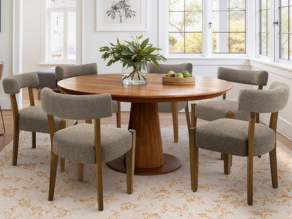 Modern Dining Chairs Set of 8, Walnut Upholstered Kitchen & Dining Room Chairs, Mid Century Wooden Dining Chairs Oversized Sturdy Fabric Rounded Chairs Curved Back, Tan Brown