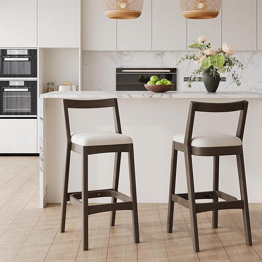 Christopher Knight Home Yone Counter Height Bar Stools Set of 2, Comfy Fabric Upholstered Bar Stool for Kitchen Island, Wooden Dining Room Chair, Barstools with Footrest/Backrest, Beige + Dark Brown