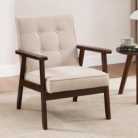 ANJ Mid Century Modern Accent Chair, Armchair for Living Room & Bedroom, Tufted Fabric Upholstered Side Chair with Solid Wood Legs, Comfortable Single Seater Reading Chair, Beige