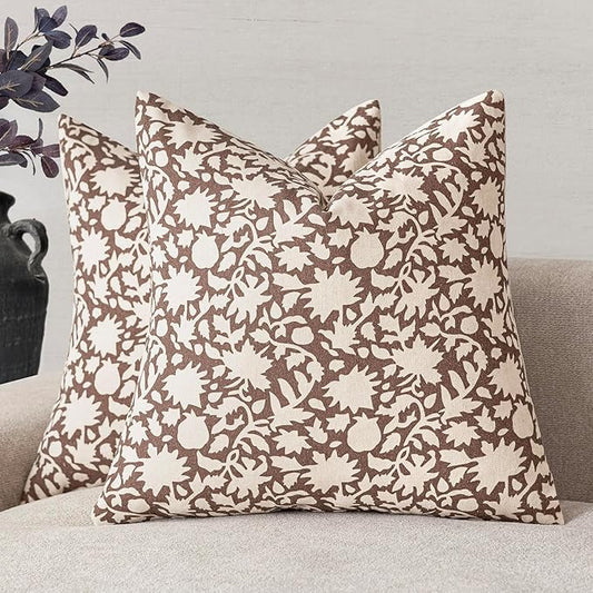 Foindtower Set of 2 Decorative Neutral Floral Throw Pillow Covers Accent Farmhouse Cushion Covers Boho Vintage Pillowcase for Couch Sofa Bedroom Living Room Home Decor,24×24 Inch,Brown