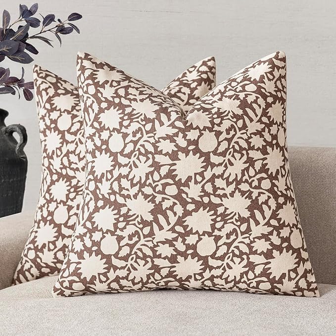 Foindtower Set of 2 Decorative Neutral Floral Throw Pillow Covers Accent Farmhouse Cushion Covers Boho Vintage Pillowcase for Couch Sofa Bedroom Living Room Home Decor,18×18 Inch,Brown