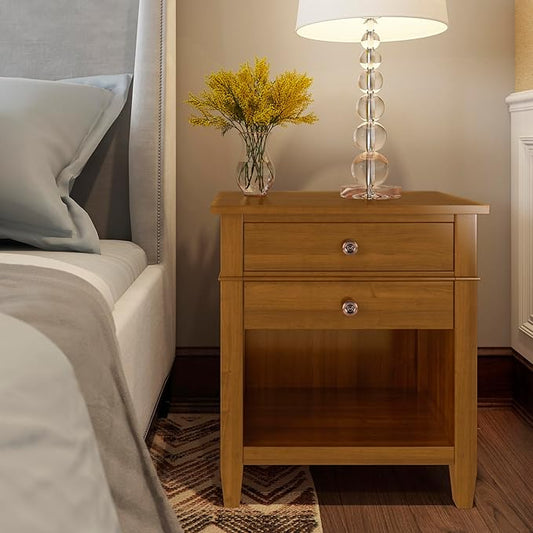 SIMPLIHOME Carlton Bedside Table - 24 inch Wide Solid Wood Nightstand Table in Light Golden Brown, Transitional Bedroom Side or End Table with 2 Drawers, Open Storage Shelf and Bronze Hardware