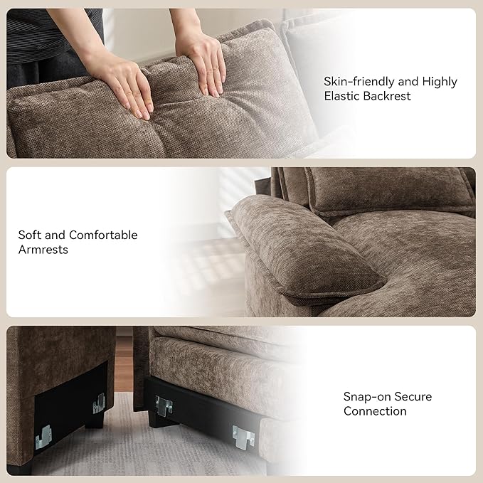 U Shaped Sectional Sofa with Storage Console, Cup Holders & USB Ports, Small Modular Cloud Couch with Deep Seats, Modern Comfy Living Room Sofa for Apartment, Chenille Brown