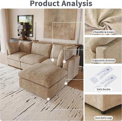 Cloud Sectional Couches for Living Room,134" Convertible L Shaped Couch with Ottoman, 6 Seater Modular Sectional Sofa,Deep Seater Furniture Sets