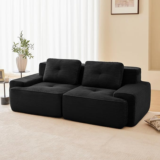 80.3” Black Boneless Couches for Living Room, Modular Sectional Sofa, 2 Seater Comfy Upholstered Loveseat Deep Seat Corduroy Fabric Cloud Couch No Assembly, Anti-Slip Design