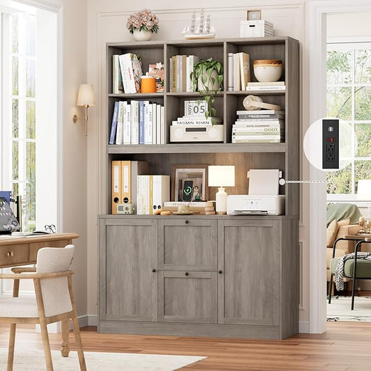 HIFIT 72'' Tall File Bookcase with Power Outlet & Printer Stand, 2 Drawer Filing Cabinets for Home Office Hanging A4 File, Storage Cabinet w/ 3 Tier Open Book Shelf & Doors for Living Room, Ash Grey