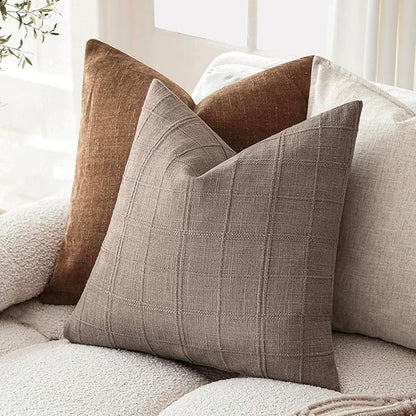 Foindtower Set of 2 Decorative Linen Check Throw Pillow Covers Neutral Farmhouse Vintage Cushion Covers Modern Boho Home Decor for Sofa Chair Couch Bedroom Living Room,24×24 Inch,Tan Taupe