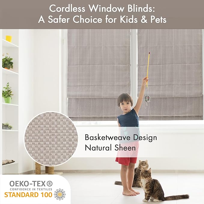 Madison Park Galen Cordless Roman Shade, 27"W x 64"H, Sheen Taupe – Room Darkening, Thermal Insulated, Energy Efficient Window Blind with Subtle Sheen Basketweave Fabric for Privacy