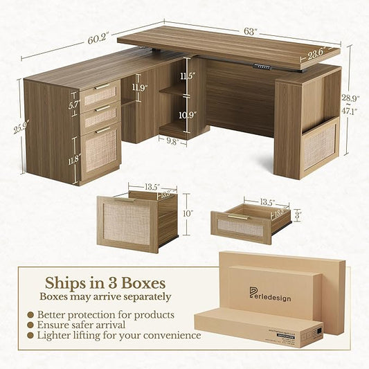 63 Inches L Shaped Standing Desk, Executive Standing Desk with Drawers and File Cabinet, AC/USB, 1.18" Desktop, Multi-Sized Storage Cubby, Privacy Panel, Rattan Computer Desk, Natural Oak