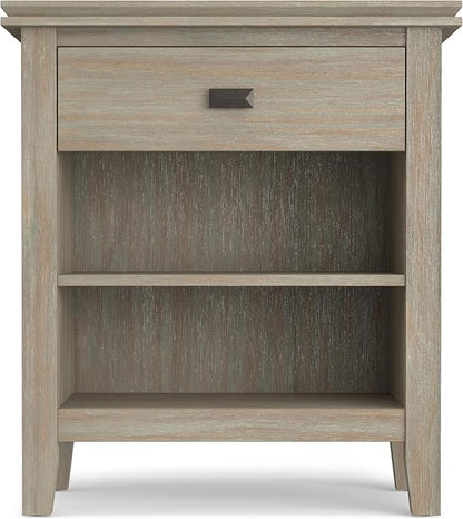SIMPLIHOME Artisan Bedside Table - 24 inch Wide Solid Wood Nightstand Table in Distressed Grey, Contemporary Bedroom Side or End Table with 1 Drawer, Open Shelf Storage and Bronze Knobs