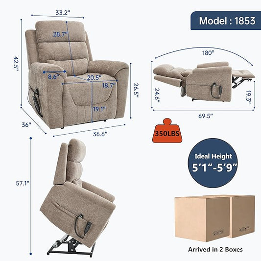Power Lift Recliner Chair for Elderly People, Dual Motor Lay Flat Recliner with Vibration Massage and Heat, Heavy Duty Motion Mechanism Standing Assistance Reclining Chair, Chenille Fabric Khaki