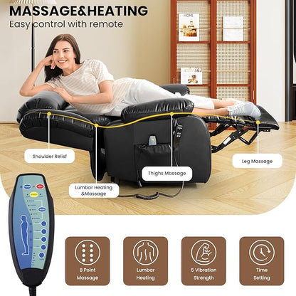 TEKAMON Power Lift Recliner Chair for Elderly with Heat & Massage, Dual Motor Breathable Leather Recliner, Lay Flat Sleeping Chairs with Infinite Position, RemoteControl (Black, Extended)