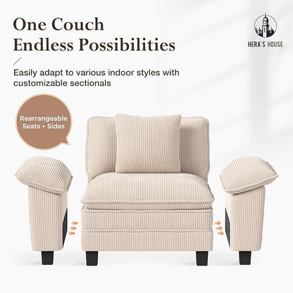 HERA'S HOUSE 124" Modular Sectional Sofa, Oversized L Shaped Couches for Living Room, Comfy Cloud Couch with Ottoman, 4-Seater Deep Seat Sofa with Throw Pillow, Corduroy Beige