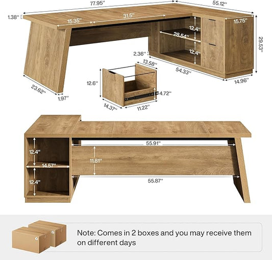 Tribesigns 78" L Shaped Desk with Drawers, Large Executive Office Desk with File Cabinet and Shelves, Modern Corner Computer Table Business Furniture for Home Office, Brown