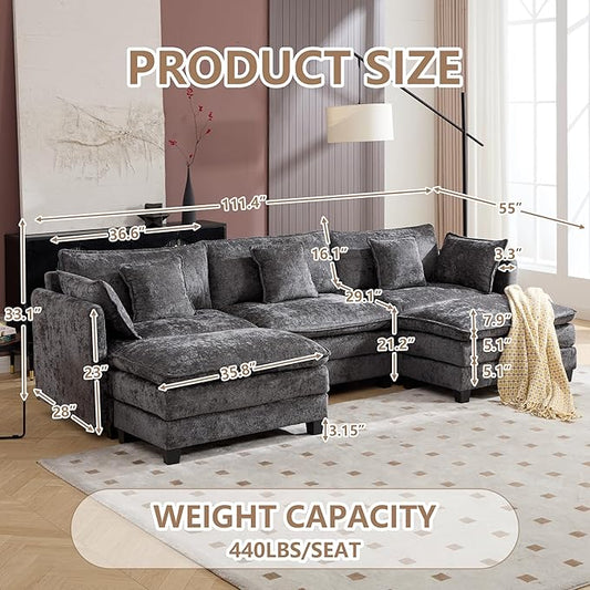 Plush Modular Cloud Sofa Set with Ottoman | L/U-Shaped Deep Seating Chenille Sectional for Family Living Room