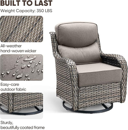 Swivel Patio Chairs Set of 3 with 6" Thick Cushion - Wicker Outdoor Swivel Rocker Patio Chairs with Side Table, High Back Comfortable Outdoor Glider - Grey Wicker | Grey Cushions