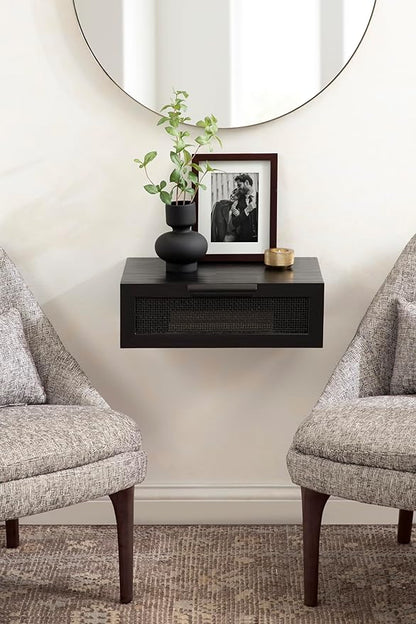 Kate and Laurel Ori Transitional Cane Rattan Floating Side Table with Pull-Out Storage Drawer, 18x13x6, Black
