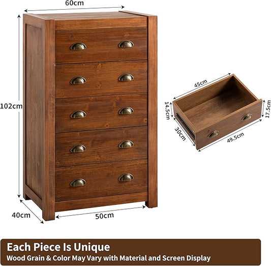 Vintage 5-Drawer Tall Dresser, Solid Wood Frame with Wood Veneer, Rustic Wooden Drawer Cabinet for Bedroom, Living Room, Dark Walnut, Dark Walnut