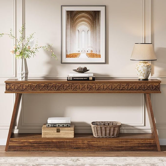 Tribesigns Farmhouse Console Table, 70.9-Inch Extra Long Entryway Table with Storage, 2-Tier Narrow Sofa Table Behind Couch, Wooden Accent Table for Living Room, Hallway, Foyer, Dark Brown