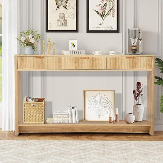 Entryway Table with Storage, Narrow Console Table with 3 Drawers, 55.12' Couch Table Behind Sofa Long for Living Room TV, Hallway Entrance Foyer, Mid Century Modern Boho Fluted Console Table