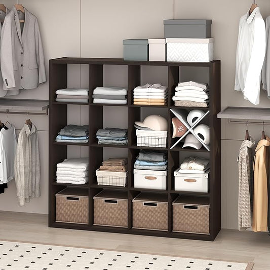 Furinno Cubic Closet Organizers and Storage, 16-Cube Closet Organizer, Open Shelf Closet Storage, Extra Thick Frame for Wardrobe, Bedroom, Living Room, Dark Oak