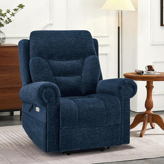 MCombo Triple Motor Power Lift Recliner Chair with Massage and Lumbar&seat Heating, Rolled Arms, Adjustable Headrest for Elderly People, Fabric 7888 (Navy Blue, Medium)