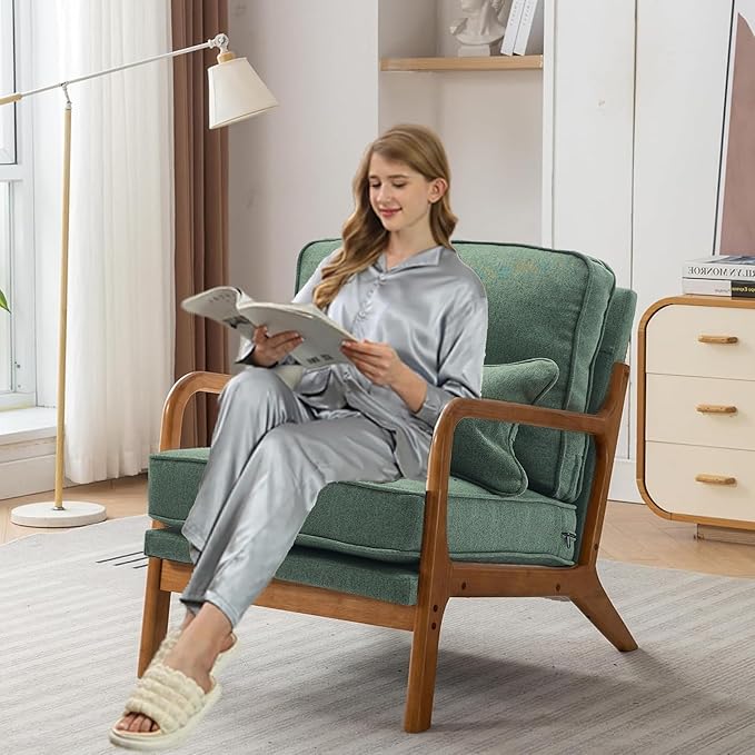 Mid-Century Accent Chair,Linen Fabric Lounge Chair with Wide Armrest,Linen Fabric Armchair with Lumbar Pillow & Solid Wood Frame for Living Room, Bedroom, Balcony(Green)