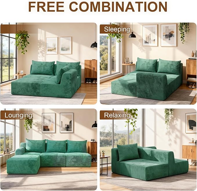 JSLOVE Modular L-Shape Sectional Sofa with Chaise, 3 Seat Movable Boneless Cloud Couch in One Box, Sofa Couch Bed with Ultra-Soft Corduroy Fabric, No Assembly Required for Living Room, Bedroom(Green)